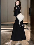 Nukty Elegant Solid Evening Dresses for Women Autumn Wedding Prom Robe Pleated Halter Long Sleeves Swinging Collar Vestidos Mujer New