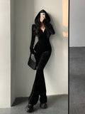 Nukty 2024 Hot Tops Fashion Black Velvet Slim Hooded Zipper Long Sleeve Flare Pants Jumpsuit Rompers Korean Sexy