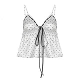 Nukty  Cute Ruched Stitching Camis Women Summer Casual Loose A-line Crop Tops Kawaii Lace-up Bow Patchwork V-neck Tees Aesthetic