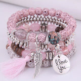 Nukty Valentines Day Bohemian Multicolor Pink Crystal Beads Bracelets Women Girls Elastic Tassel Wing Letters Rope Bracelet Pulseira Feminina
