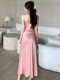 Nukty Elegant Solid Satin Womens Dresses French Spaghetti Strap Swinging Collar Bodycon Evening Party Dress Korean Split Vestidos Robe