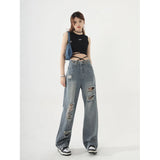 Nukty Women's Trendy Straight Jeans with Ripped Knees Women's Fashionable and Comfortable High Waist Casual Jeans Loose Wide Leg Pants