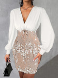 Nukty Plunge Contrast Sequin Dress Women Casual Long Sleeve Bodycon Dresses Lady Office Elegant V Neck Lantern Sleeve Party vestidos