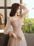 Nukty DRESS TO IMPRESS French Style Square Collar Long Sleeve Long Evening Dress Beading Sequined Prom Dresses Lace Up Tulle Wedding Party Gowns