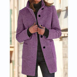 Nukty Women Vintage Solid Color Stand-up Collar Tweed Jacket Autumn Winter Warm Commuter Outerwear Single-breasted Cardigan Long Coat