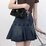Nukty Blue Denim Skirt Women Lace Patchwork Y2k Pleated Mini Skirts Korean Fashion Slim High Waist A-line Casual Streetwear