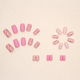 Nukty 24Pcs Square Head False Nails with Glue Pink Wavy Line Design Fake Nails Artifical Finished Press on Nails Full Cover Nail Tips