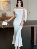 Nukty Summer Solid Mermaid Long Dresses for Women French Fashion Diagonal Collar Bodycon Party Dress Slim Vestidos Female Clothing New