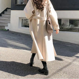 Nukty Winter Korean Women Faux Woolen Coats Fashion Elegant Solid Belt Thickening Long Jacket Female Loose All Match Blends Outwear