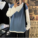 Nukty Fake Two Piece 100% Cotton Spring Autumn Harajuku Long Sleeve Men T Shirt Casual Korean Fashion Oversized Woman Top 2022 Trend