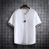 Nukty japan fashion street Summer Men Cotton Linen Tshirts Solid Color Korean Fashion Men Short Sleeve Short Sleeve Tshirt Mens Clothing Plus Size 5Xl