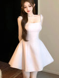 Nukty Korean Sweet Mini Dress for Women Elegant Spaghetti Strap Slash Neck Sleeveless Birthday Party Dresses A-line Short Vestidos New
