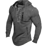 Nukty Men Autumn Spring Top Lace Up Drawstring Solid Color Long Sleeve Zipper Pockets Pullover Streetwear Men Mid Length Hoodie