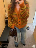 Nukty Striped Cardigan Fuzzy Wuzzy Border Cardigan V-Neck Button Up Knitted Sweater Jacket Women Unisex Autumn Winter