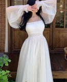 Nukty Elegant Maxi Dresses For Women White Off Shoulder Puff Long Sleeve Elastic High Waist Party Gown Ruffle Holiday Dress
