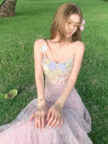 Nukty Fashion Floral Embroidery Lace Long Dresses Women Elegant Sexy Slim Fit Mesh Sling Robes 2025 New Vacation Beach Party Dress