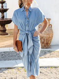 Nukty Summer For Women's Denim Blue Shirt Dress Vintage Fashion Button Lapel Wrinkle Lace Up Slim Elegant Female Denim Mid Long Dress