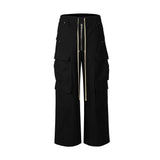 Nukty Ro Style Wide Leg Drawstring Black Cargo Pants Unisex Straight Baggy Casual Overalls Men's Streetwear Loose Oversized Trousers