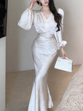 Nukty Elegant Bodycon Print Midi Dresses for Women Autumn Lantern Sleeve V-Neck Lace-up Mermaid Evening Party Dress Robe Vestidos New