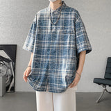 Nukty Vintage Blue Loose Plaid Men'S Shirt Fashion Tie-dye Printed Lapel Short Sleeve Men Shirts Blouses Tops Male Clothing 5XL-M