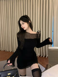Nukty Sexy Mini Lace Dress Women Off Shoulder Bandage Ladies Dresses Patchwork Mesh Ruffles Slim Stretch Elegant Knit Vestidos