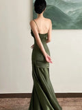 Nukty Elegant Satin Halter New Vintage Niche Waisted Fishtail Dresses Formal Gown Party Dress Sling Backless Waist Evening vestidos