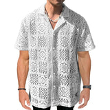 Nukty Casual Hollow Out Breathable Beach Mesh Shirt Mens Short Sleeve Button Lapel Mesh Tops For Men Summer Vintage Pure Color Shirts