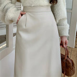 Nukty Vintage PU Leather Women's Skirts 2024 New Autumn High Waist Casual Mid Length Solid Color Office Lady Skirts Female
