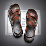 Nukty Comfortable Men's Sandals Solid Color Open Toe Mens Leather Sandals New Slippers Beach for Male Leather Footwear