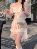 Nukty Korean Print Ruffles Pink Mini Dress Slim Wasit Fairy Puff Sleeve Ball-Gown Square-Collar Vestidos Summer Chic New Clothes