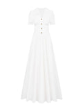 Nukty French Elegant Lace Long Dress Summer V-Neck Puff Sleeve Single Breasted Woman Dresses Office Lady Causal New Vestidos