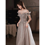 Nukty DRESS TO IMPRESS Elegant Off The Shoulder Evening Dresses Strapless Sequin Beaded  Tulle Shiny Slim Backless Floor-Length A-Line Prom Gowns