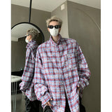 Nukty Men Shirt Plaid Tie-dye Long Sleeve Mens Casual Loose Shirt Autumn High Quality Oversized Male Checked Shirt Red/Blue/Gray