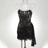 Nukty Women's Sexy Lace Dress Solid Color Sheer Patchwork High Waist Lace Dress Elegant Printed Strapless Slim Evening Dress