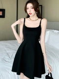 Nukty Black Sexy Spaghetti Strap Dress For Woman Elegant French Square-Collar Slim Wasit Dresses Sleeveless Party Evening Skirt Summer