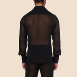 Nukty Men's Clothing Mesh See Through Mesh Sexy Long Sleeve Shirt Solid Color Button-down Vintage Streetwear Retro Party Tops S-XL