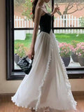Nukty French Ruffle Pleated Elegant Fashion Evening Party Black White Women's Dresses Spliced A-Line Prom Spaghetti Strap Dress New