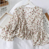 Nukty  Blouses Women Temperament V Neck Floral Print Sweet Small Fresh Long Sleeves Chiffon Shirt Autumn All-match Short Crop Top