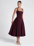 Nukty Women's Elegant Solid High Waist Pleated Long Dress Fashion Square Neck Sleeveless A-line Dresses Vocation Beach Streetwear