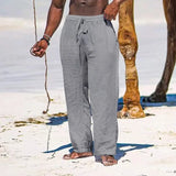 Nukty Summer Cotton Pants Casual Long Fitness Breathable Pants Linen Lightweight Drawstring Yoga Beach Trousers Solid Color Mens Pants