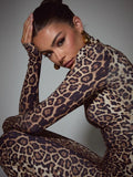 Nukty Leopard Print Long Sleeve Sexy Maxi Dress For Women Autumn Winter Fashion Elegant Turtleneck Printed Bodycon Long Dress