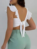 Nukty Solid Ruffles Backless Knotted Crop Tops & Pocket Design Belted Pants Set Casual Women Two Piece Set Outfits