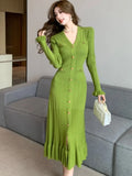 Nukty Solid Knitted Dresses for Women Autumn Single Breasted Chic Flared Sleeve Ruffles Hem Casual Female Office Elegant Robes