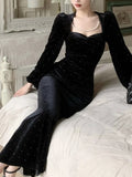 Nukty Elegant Velvet Black Mermaid Dress for Women Autumn Vintage Slim Solid Lantern Sleeve Dresses Fashion Evening Party Female Robe