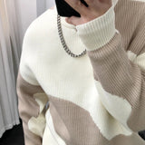 Nukty Man Clothes Round Collar Pullovers Knitted Sweaters for Men Crewneck Color Matching Black Cigaret Casual Korean Style Jumpers S
