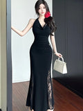 Nukty Sexy Black Lace Hollowed Halter Dresses Women Off Shoulder Backless Slim Mermaid Long Dress High Fashion Party Outfits Vestidos