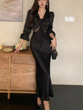Nukty Autumn Satin Long Dresses for Women Long Sleeve Slim Mermaid Dress Vintage Solid Wedding Party Prom Robe Lace Up Vestidos Mujer