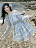 Nukty Sweet Off Shoulder Womens Dresses Elegant Bow Lace-up Long Sleeves Princess Ruffles Party Short Dress Spring A-line Vestidos New