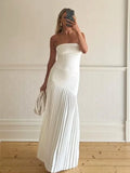 Nukty Women Solid Pleated  Hem Patchwork Long Dress Fashion Backless Strapless Sleeveless Slim Maxi Dresses Sexy Vocation Streetwear