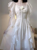Nukty White Korean Elegant Dress Women Summer Chiffon Vintage Fairy Dresses Female Ruffles Korean Style Fashion Princess Dresses